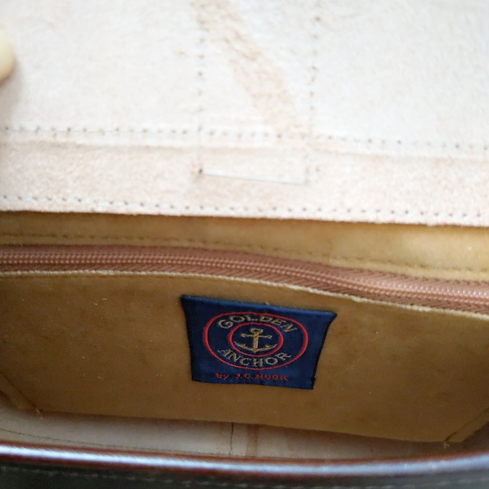 Vtg Golden Anchor JG Hook Burgundy Brown Leather Box Canvas Strap Shoulder Purse - Picture 5 of 5